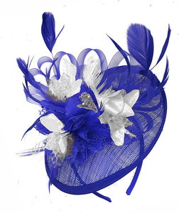 Chapeau bibi avec soucoupe à disque Sinamay bleu Royal et argent pour femmes, bandeau de mariage