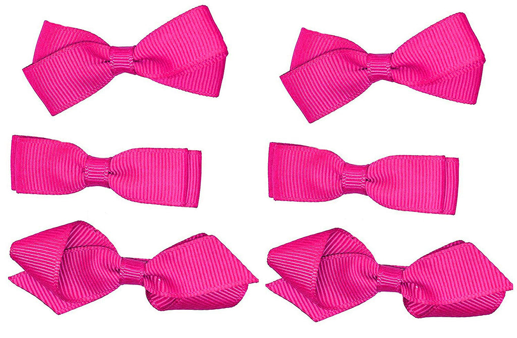 Fuchsia Hot Pink Classic 3 Pairs of Girls Kids Small Hair Bow Clips Gripes - School Uniform Colours Grosgrain Ribbon