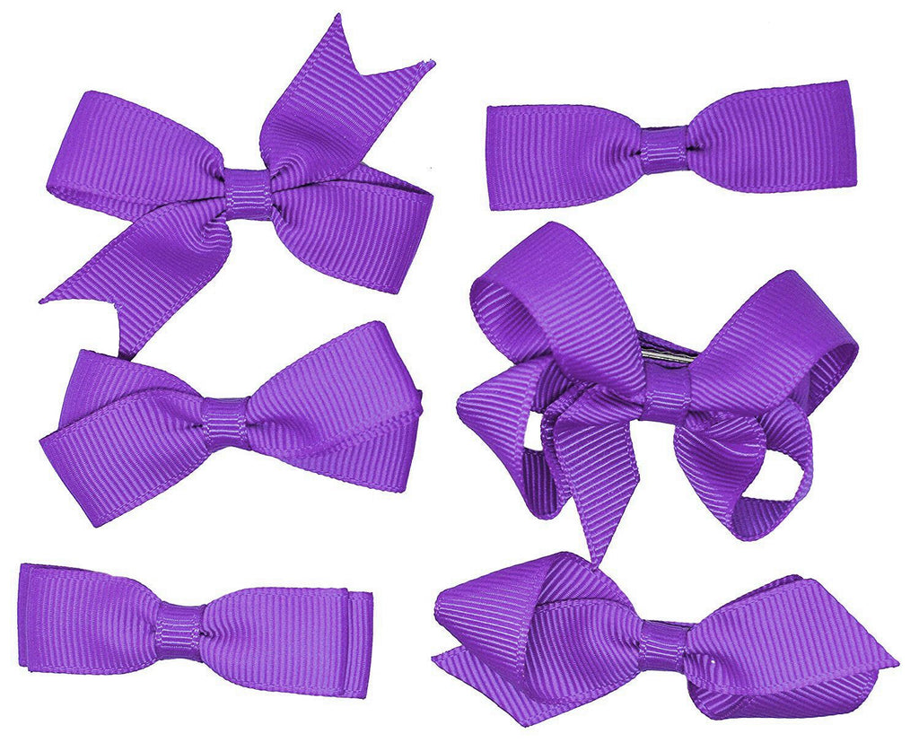6 PIECE SET Girls Small Hair Bows Clips Grosgrain Ribbon School Uniform Colours[Purple]