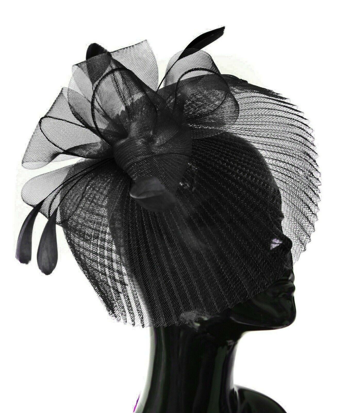 Veil Fan Feathers Fascinator on Headband Wedding Races Net Hat Big