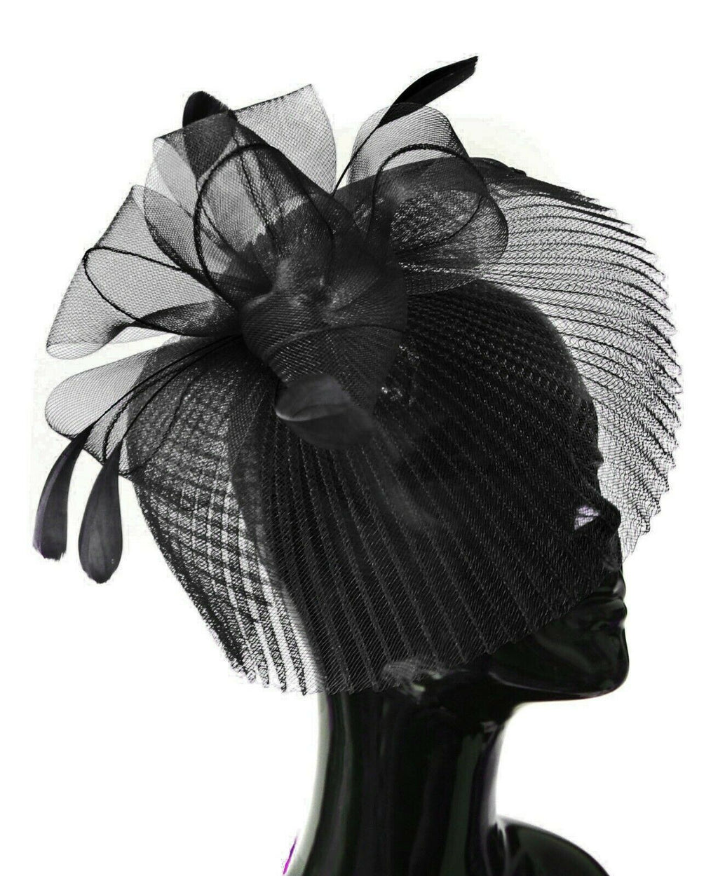 Black Veil Fan Feathers Fascinator on Headband Wedding Races Net Hat Big
