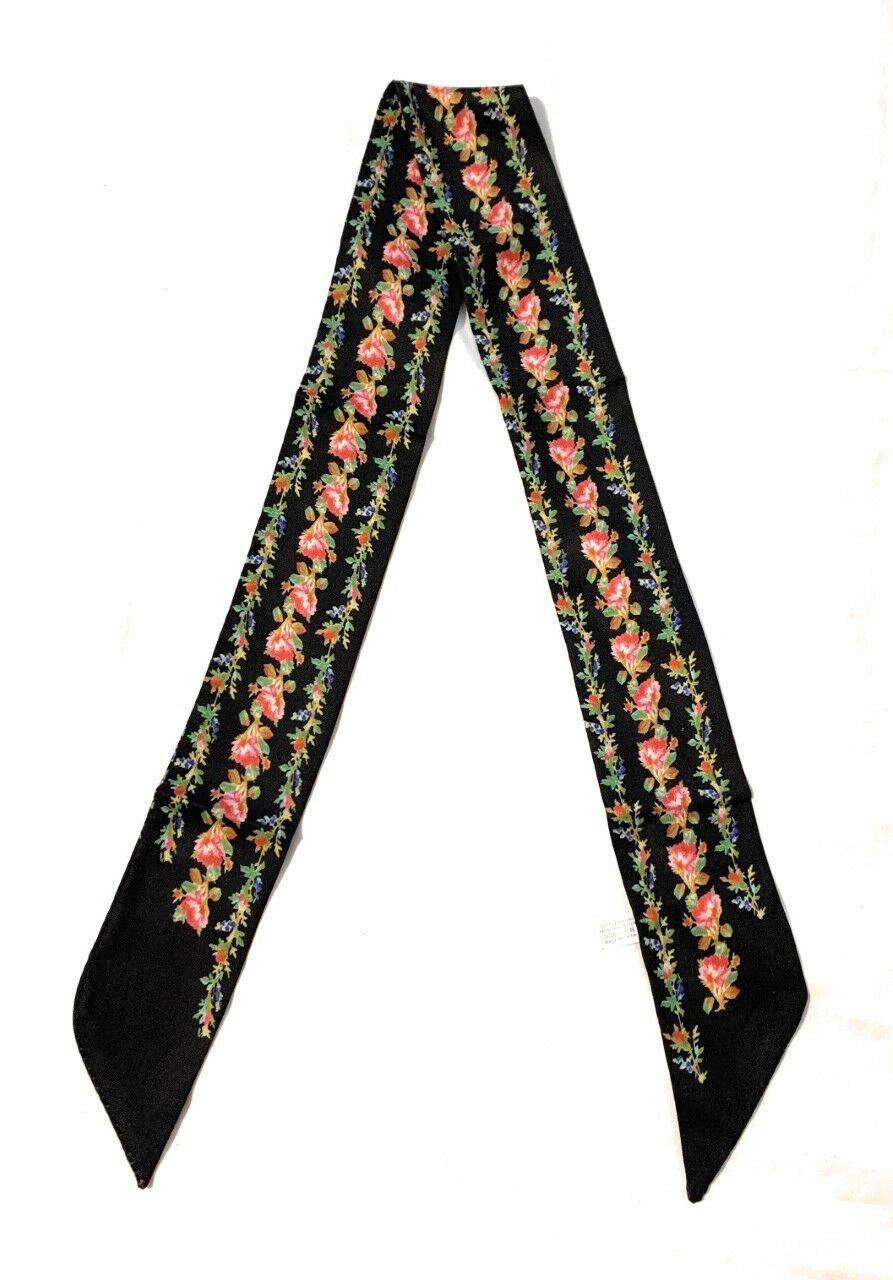 Womens 90cm Long Reversible Skinny Scarf Faux Silk Head Scarves Bag Charm Bow[Black Coral Fuchsia Pink Flowers]
