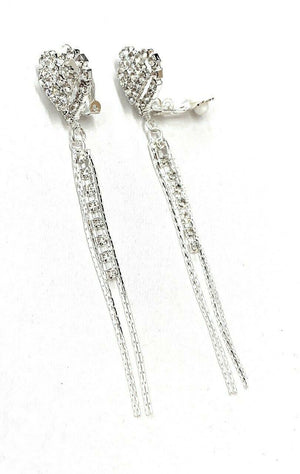 Silver Heart Diamante Long Dangle Tassel Clip On Earrings Crystal Non Pierced UK
