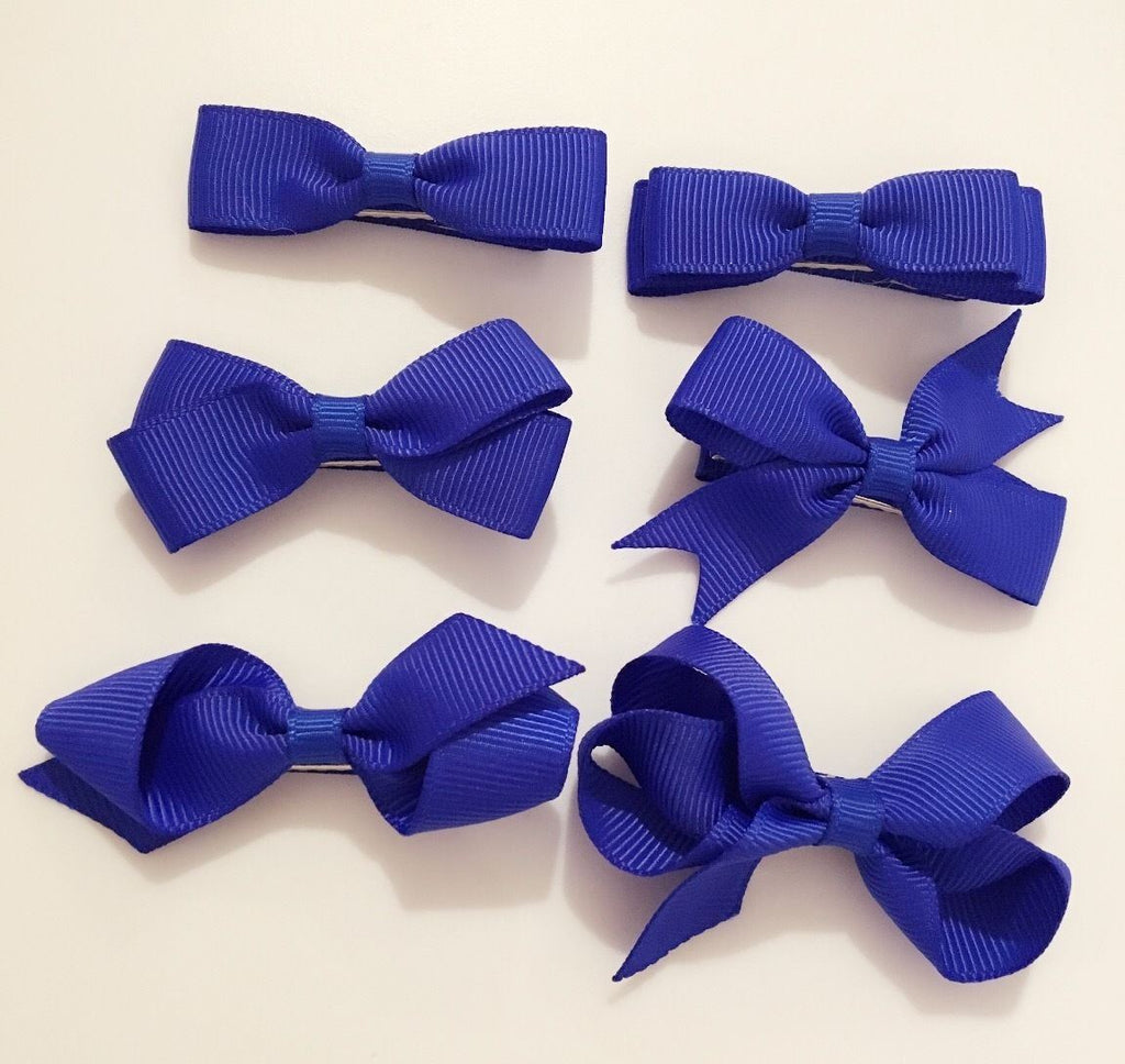 6 PIECE SET Girls Small Hair Bows Clips Grosgrain Ribbon School Uniform Colours[Royal Blue]