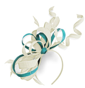 Caprilite Cream Ivory and Light Turquoise Wedding Swirl Fascinator Headband Alice Band Ascot Races Loop Net