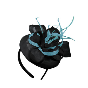 Black Aqua Mix Round Pillbox Bow Sinamay Headband Fascinator Weddings Ascot Hatinator Races