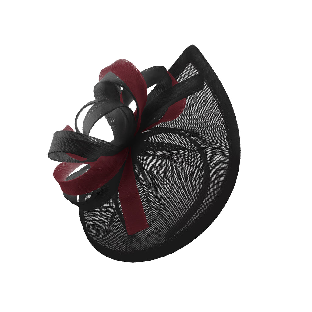 Caprilite Vegan MoonMix Hoop Fascinator Hat on Headband Wedding Ascot Races Bespoke Sinamay Disc - Black Burgundy