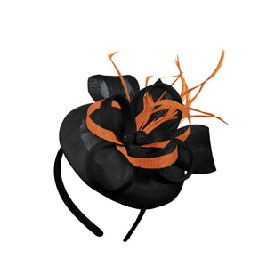 Noir brûlé Orange mélange rond pilulier arc Sinamay bandeau fascinateur mariages Ascot Hatinator courses