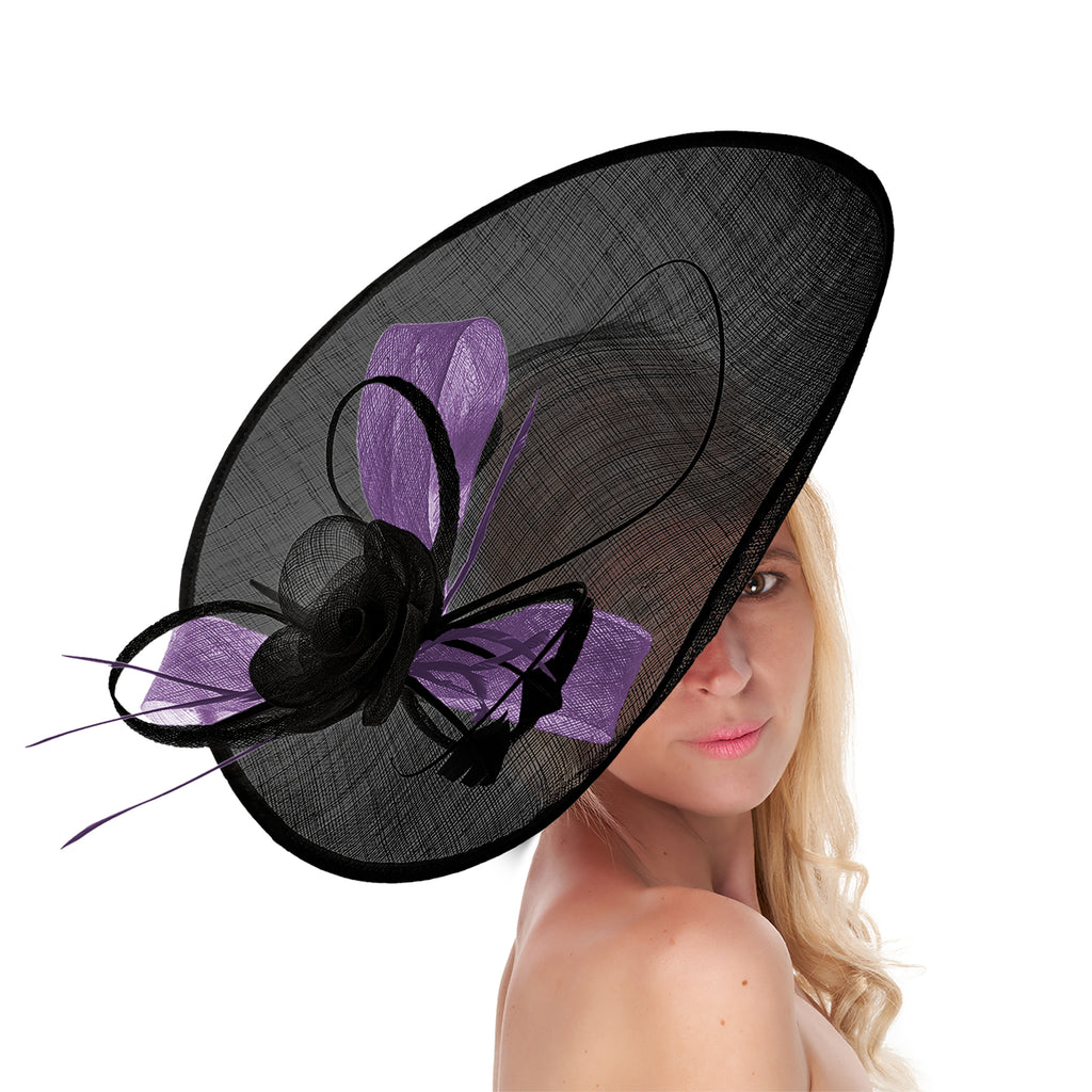 Black Lavender 41cm Mix Large Sinamay Hatinator Disc Saucer Brim Hat Fascinator on Headband