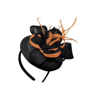 Black Orange Mix Round Pillbox Bow Sinamay Headband Fascinator Weddings Ascot Hatinator Races
