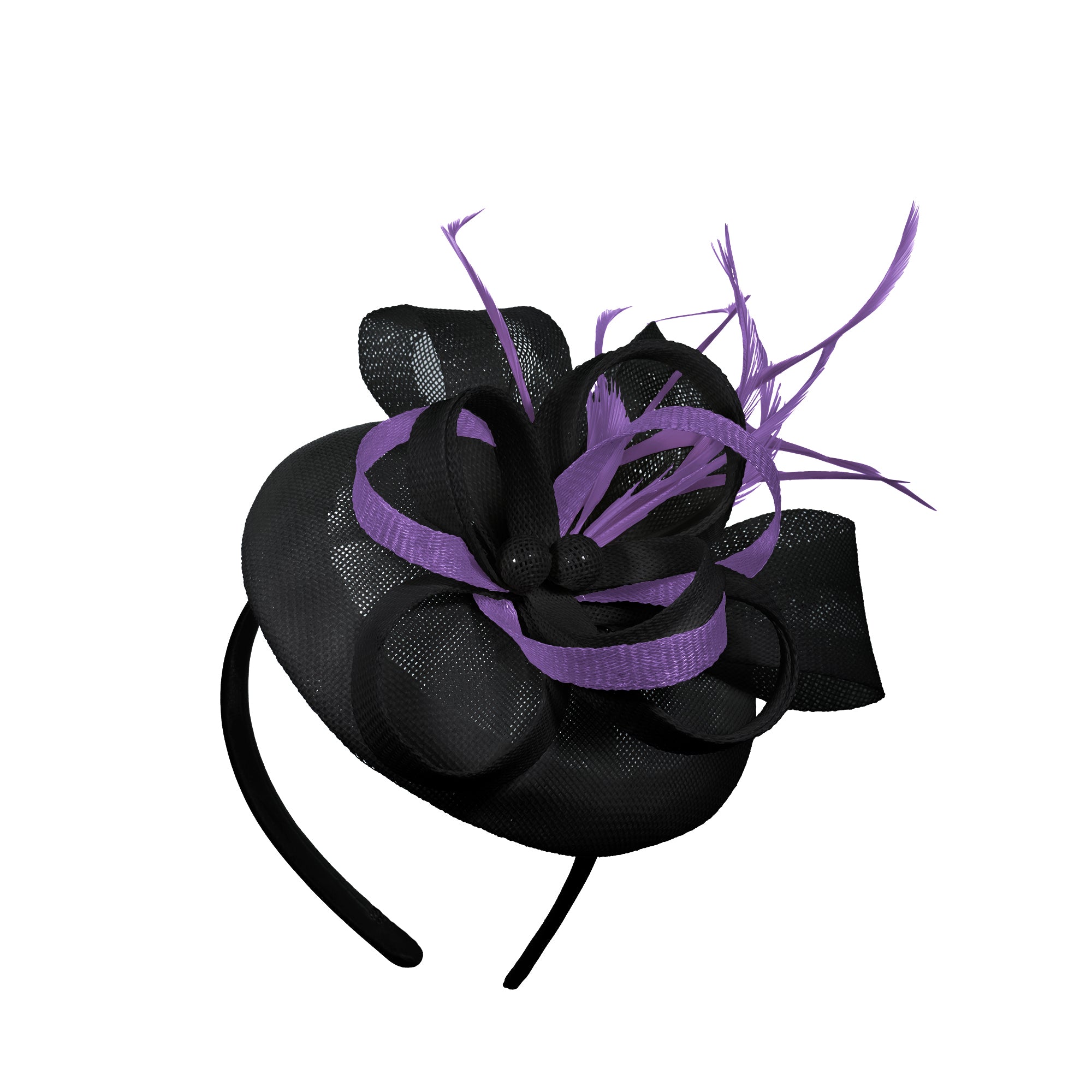 Noir violet mélange rond pilulier arc Sinamay bandeau bibi mariages Ascot Hatinator courses