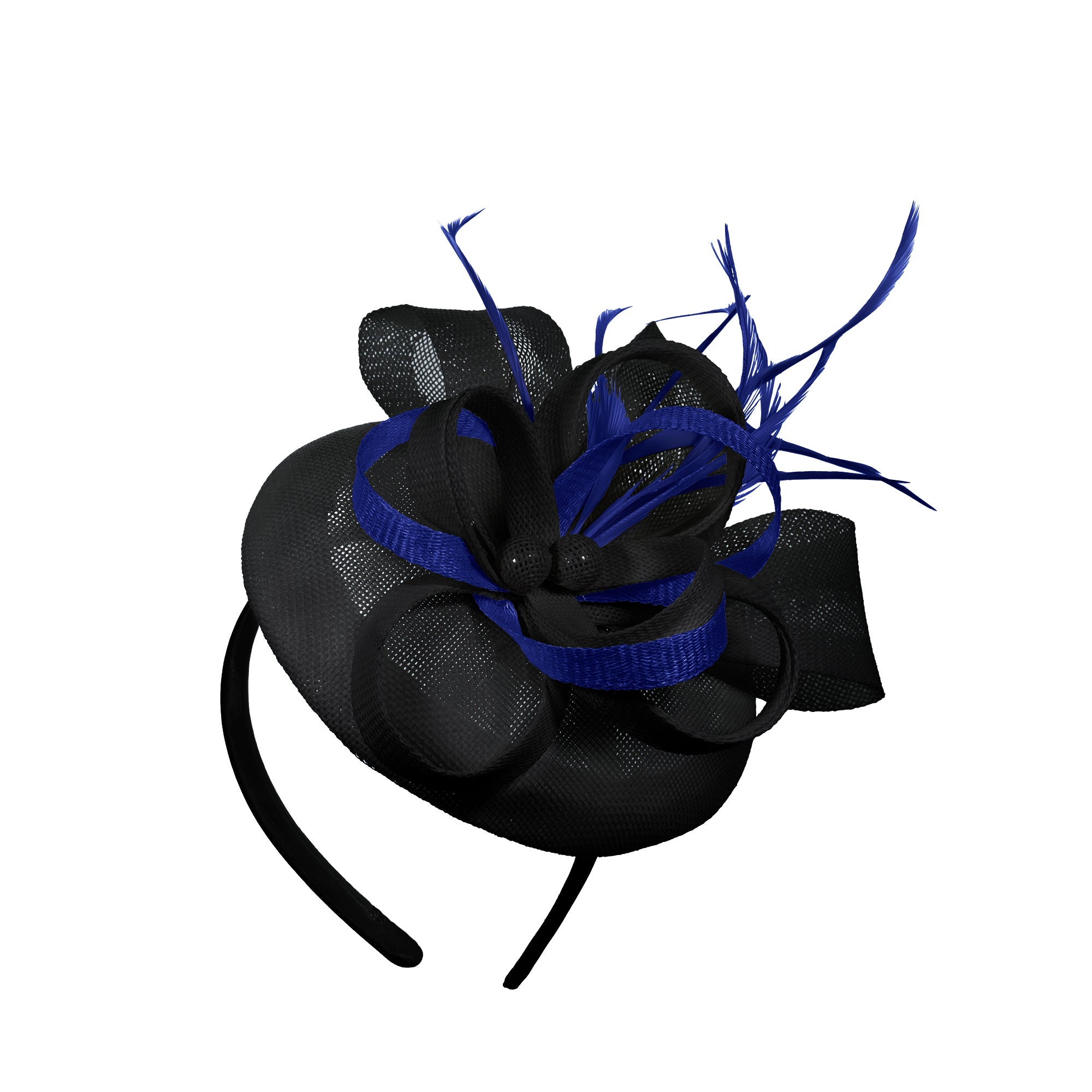 Black Royal Blue Mix Round Pillbox Bow Sinamay Headband Fascinator Weddings Ascot Hatinator Races