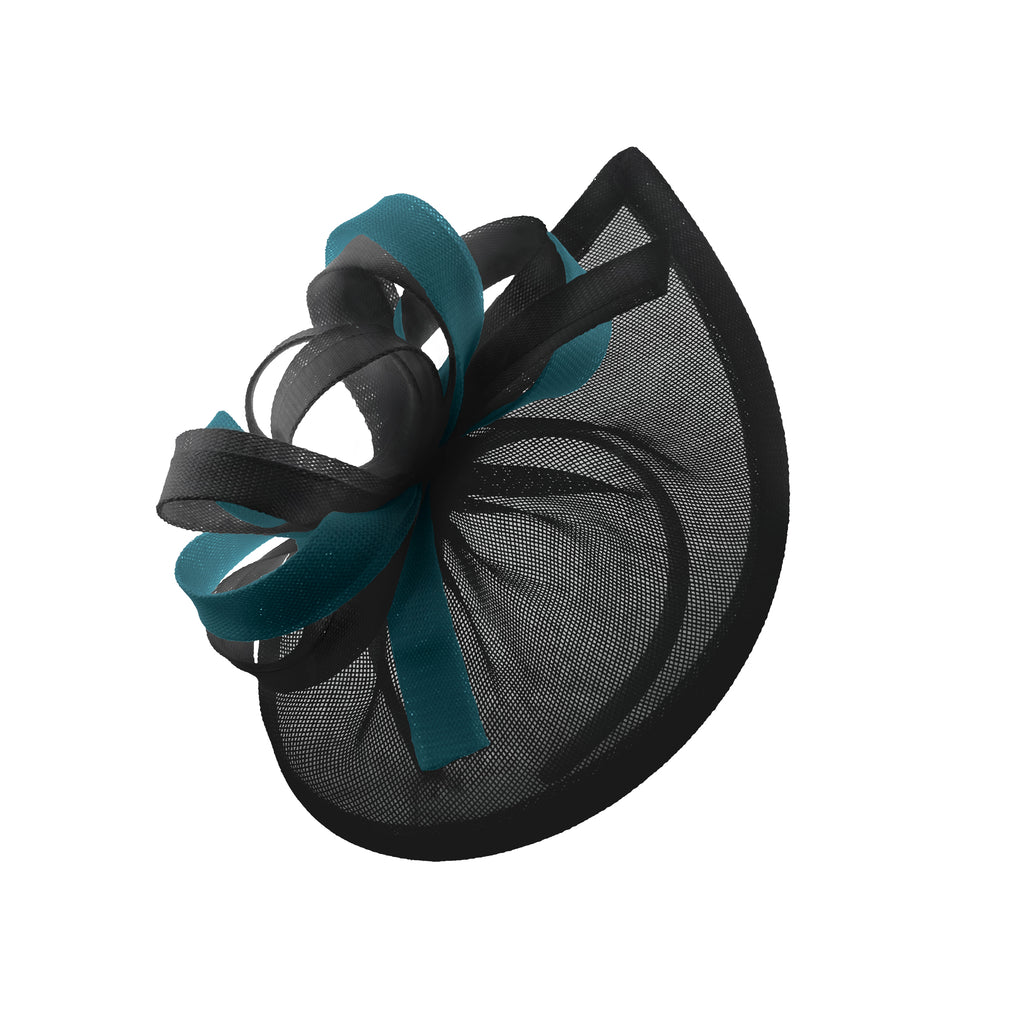 Caprilite Vegan MoonMix Hoop Fascinator Hat on Headband Wedding Ascot Races Bespoke Sinamay Disc - Black Teal