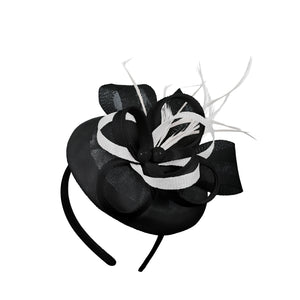 Black White Mix Round Pillbox Bow Sinamay Headband Fascinator Weddings Ascot Hatinator Races