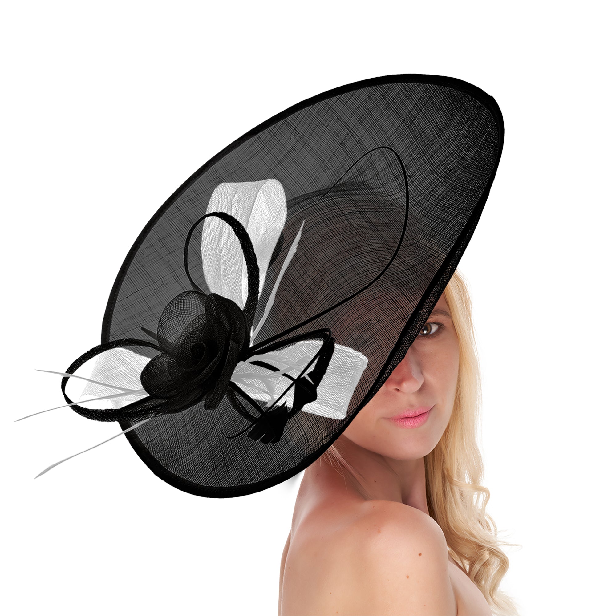 Noir blanc 41 cm mélange grand Sinamay Hatinator disque soucoupe bord chapeau fascinateur sur bandeau