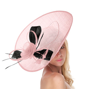 Blush Light Pale Pink Black 41cm Large Sinamay Hatinator Disc Saucer Brim Hat Fascinator on Headband