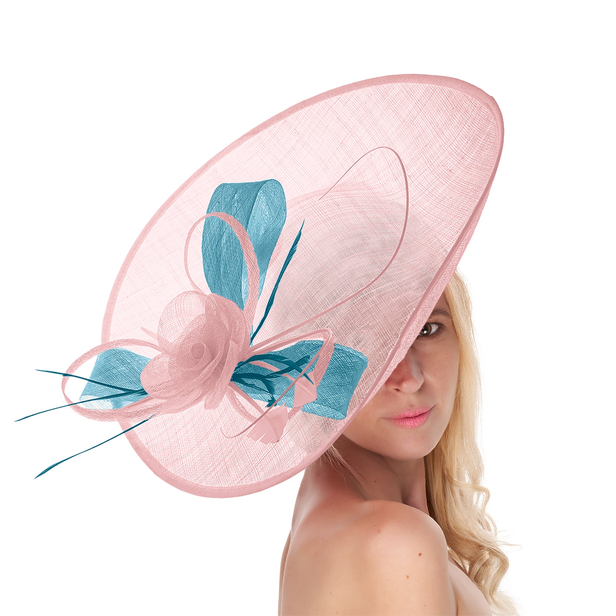 Blush Light Pale Pink Cornflower 41cm Large Sinamay Hatinator Disc Saucer Brim Hat Fascinator on Headband