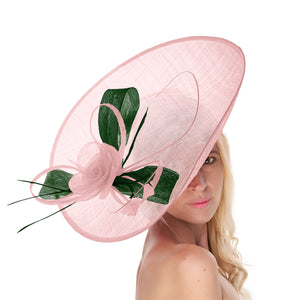 Blush clair rose pâle vert 41 cm grand Sinamay Hatinator disque soucoupe bord chapeau bibi sur bandeau