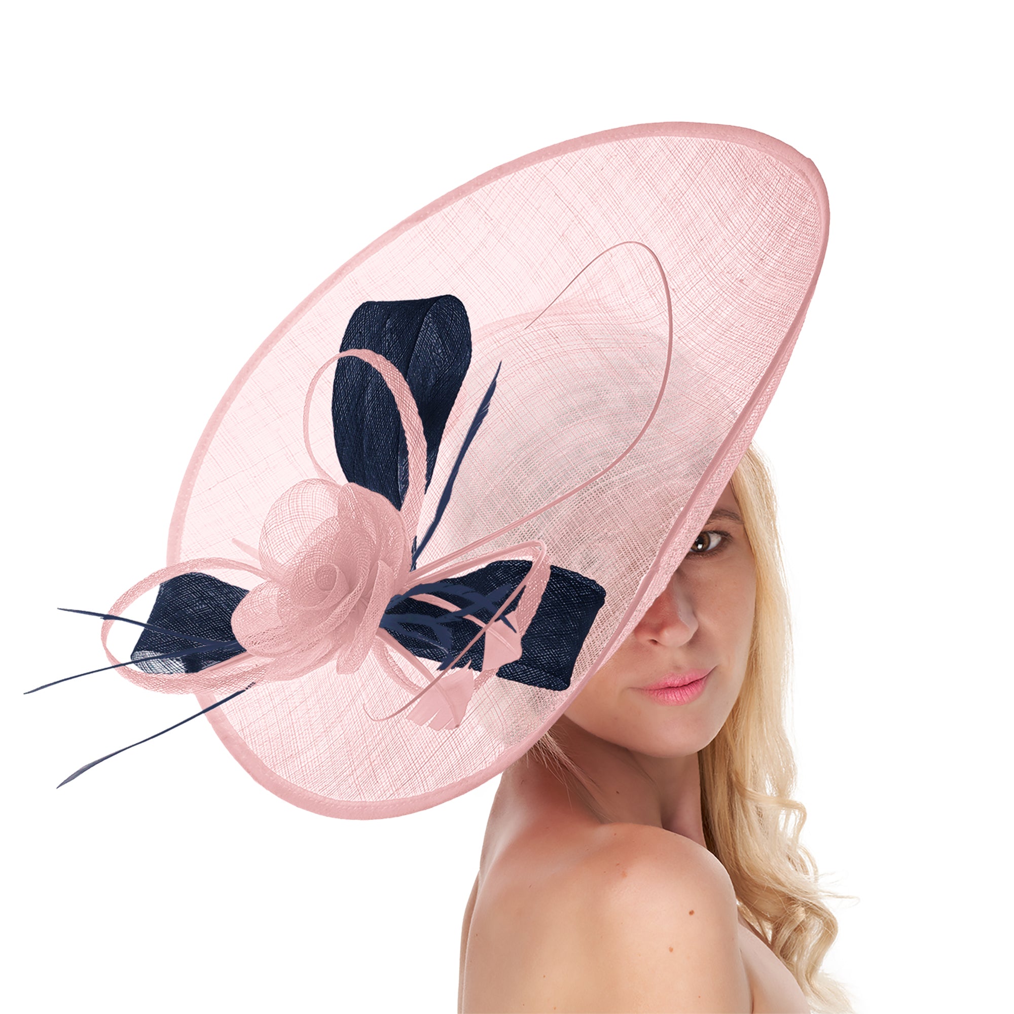 Blush Light Pale Pink Navy 41cm Large Sinamay Hatinator Disc Saucer Brim Hat Fascinator on Headband
