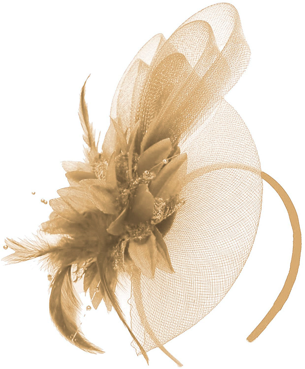 Caprilite Beige Champagne Gold Flower Veil Feathers Fascinator On Headband Wedding