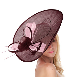 Burgundy Blush Mix 41cm Mix Large Sinamay Hatinator Disc Saucer Brim Hat Fascinator on Headband