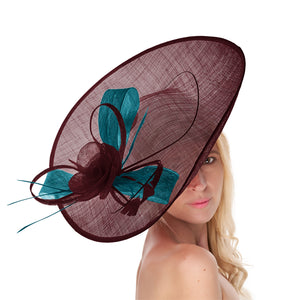 Burgundy Teal Mix 41cm Mix Large Sinamay Hatinator Disc Saucer Brim Hat Fascinator on Headband