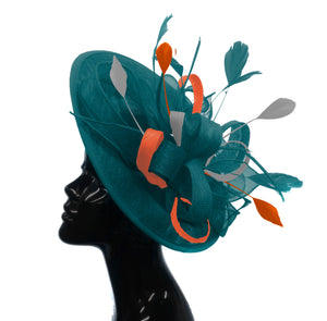 Bespoke Teal orange and Silver Big Disc Fascinator Hatinator hat
