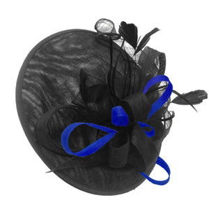 Caprilite Big Saucer Sinamay Black & Royal Blue Mixed Colour Fascinator On Headband
