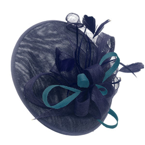 Caprilite Big Saucer Sinamay Navy Blue & Teal Mixed Colour Fascinator On Headband