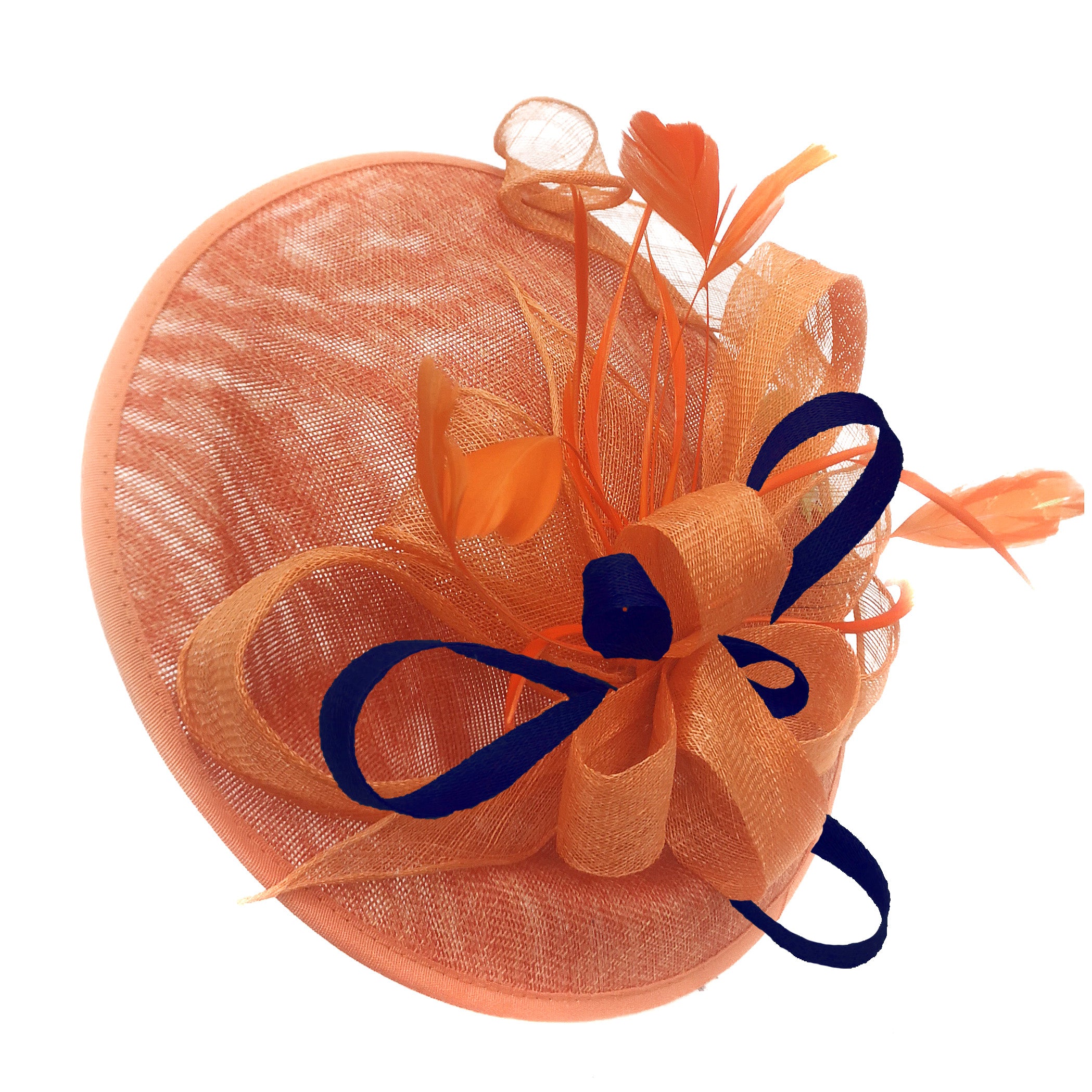 Caprilite Big Saucer Sinamay Orange & Navy Mixed Colour Fascinator On Headband