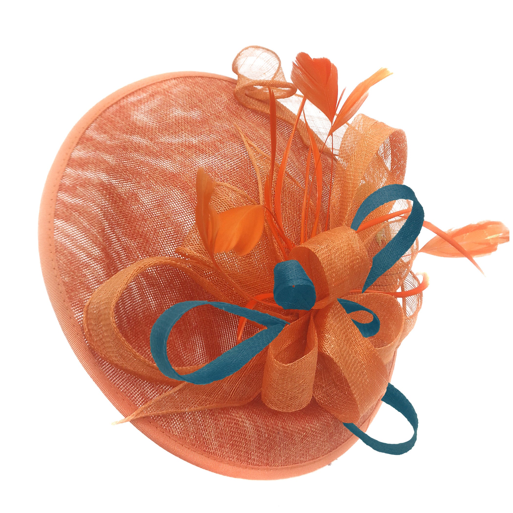 Caprilite Big Saucer Sinamay Orange & Teal Mixed Colour Fascinator On Headband