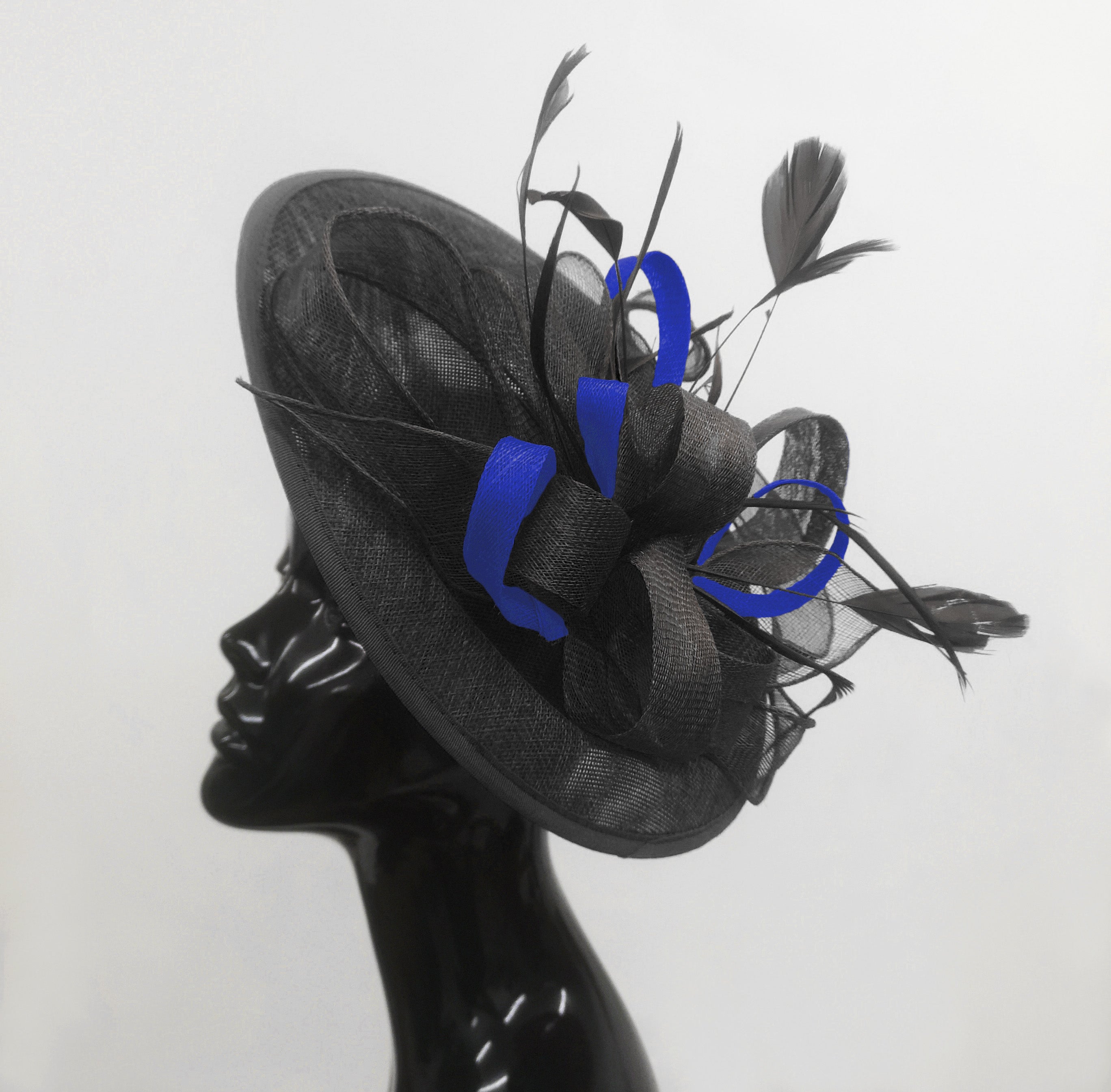 Caprilite Big Saucer Sinamay Black & Royal Blue Mixed Colour Fascinator On Headband