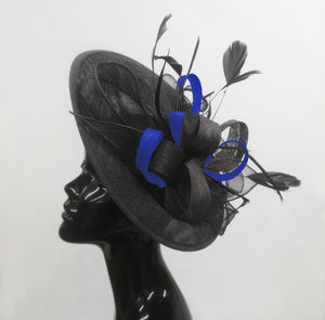 Caprilite Big Saucer Sinamay Black & Royal Blue Mixed Colour Fascinator On Headband