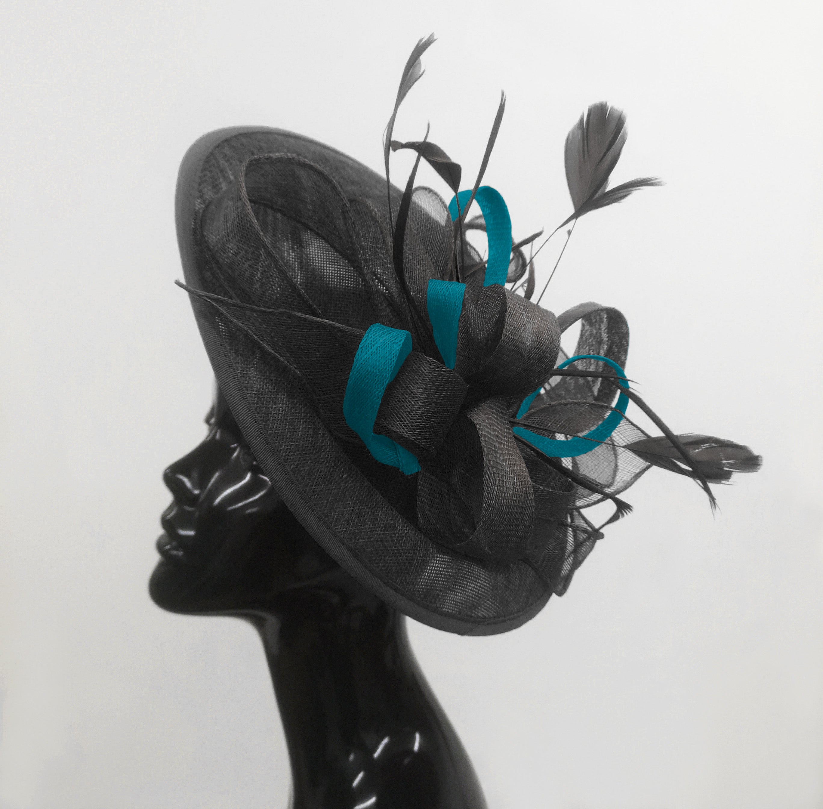 Caprilite Big Saucer Sinamay Black & Teal Mixed Colour Fascinator On Headband