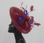 Caprilite Big Saucer Sinamay Burgundy & Royal Blue Mixed Colour Fascinator On Headband
