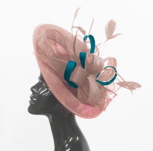 Caprilite Big Saucer Sinamay Dusty Pink & Teal Mixed Colour Fascinator On Headband