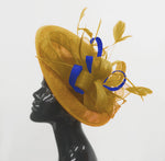 Caprilite Big Saucer Sinamay Gold Mustard & Royal Blue Mixed Colour Fascinator On Headband