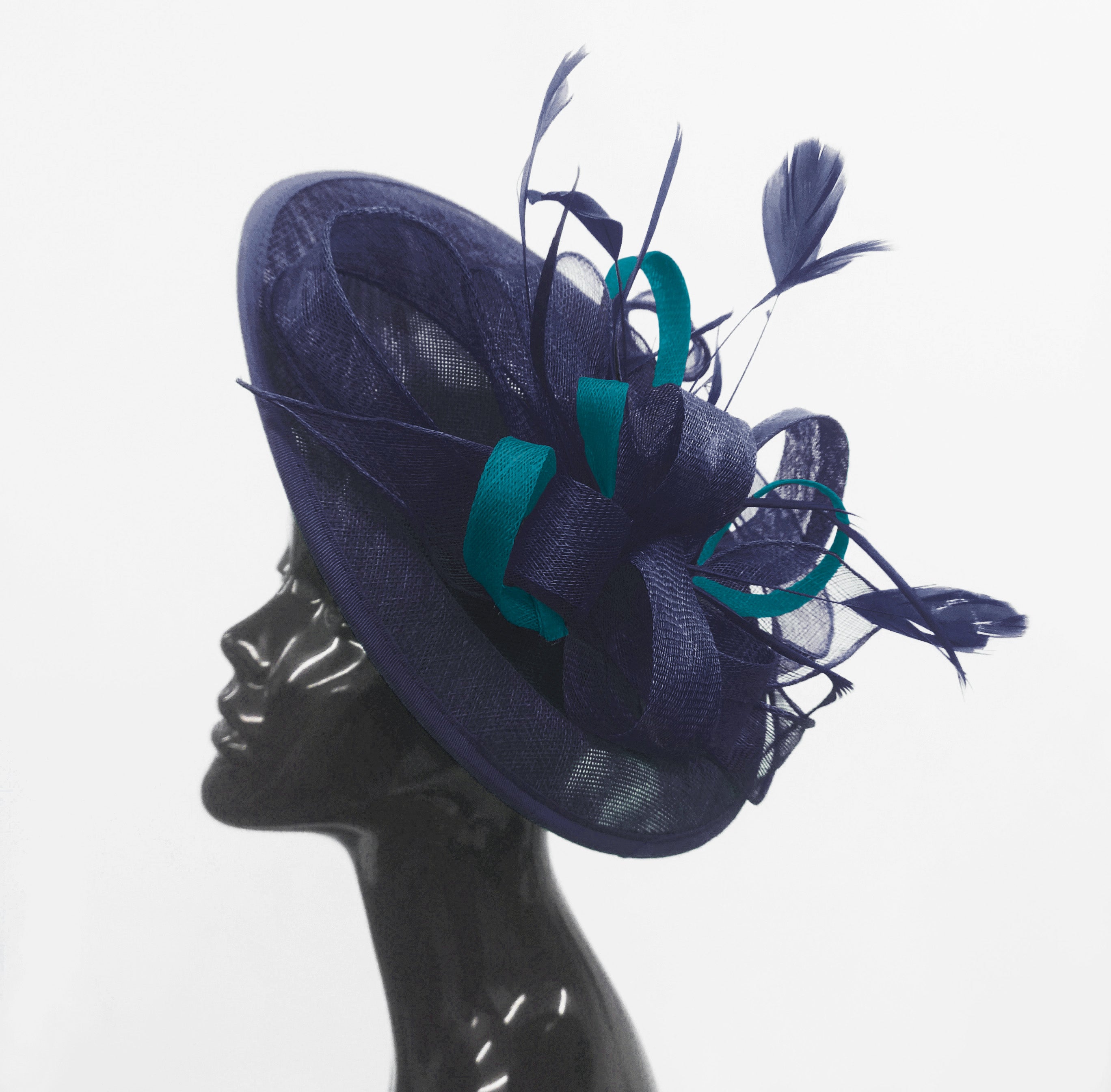 Caprilite Big Saucer Sinamay Navy Blue & Teal Mixed Colour Fascinator On Headband