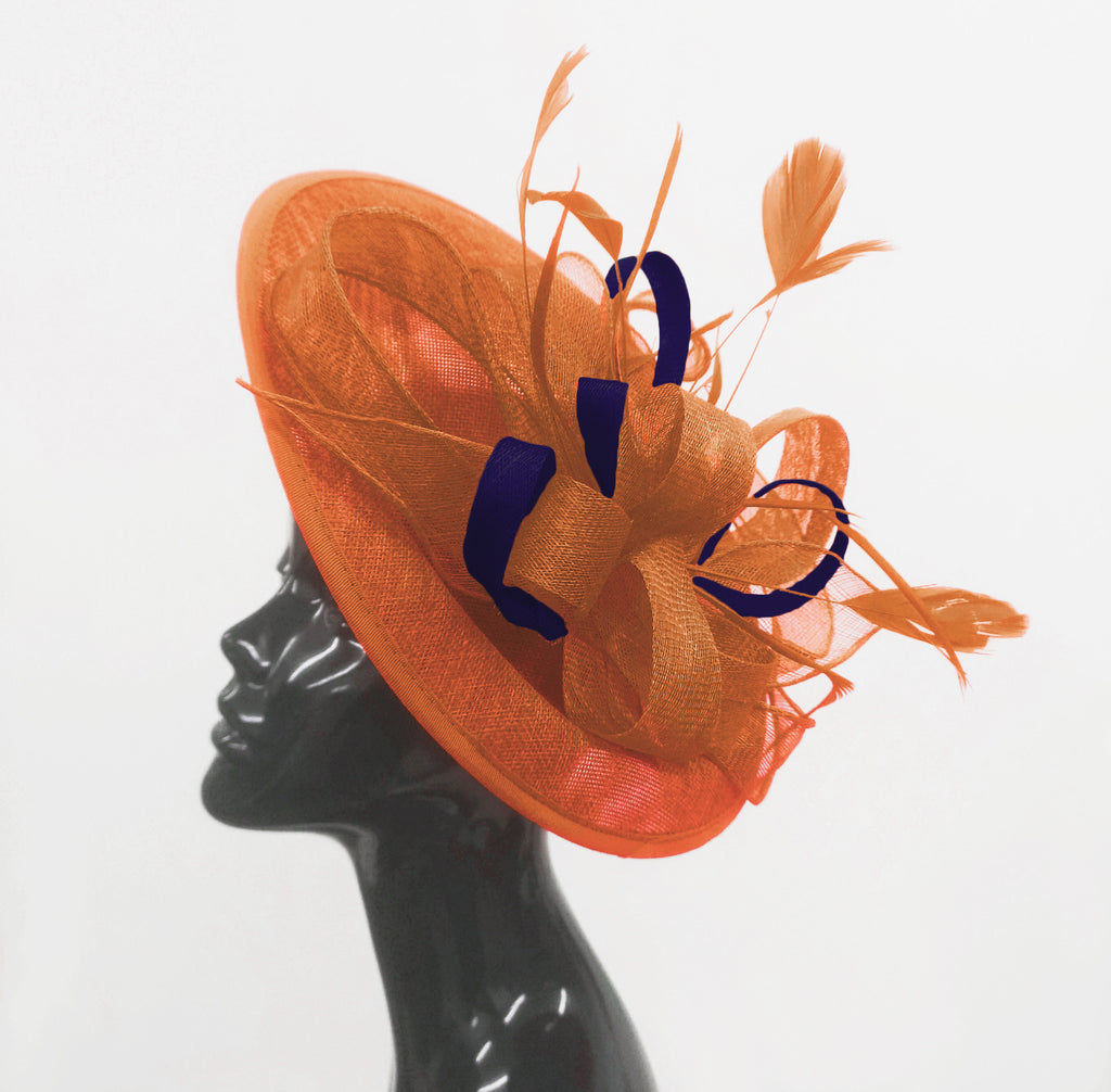 Caprilite Big Saucer Sinamay Orange & Navy Mixed Colour Fascinator On Headband