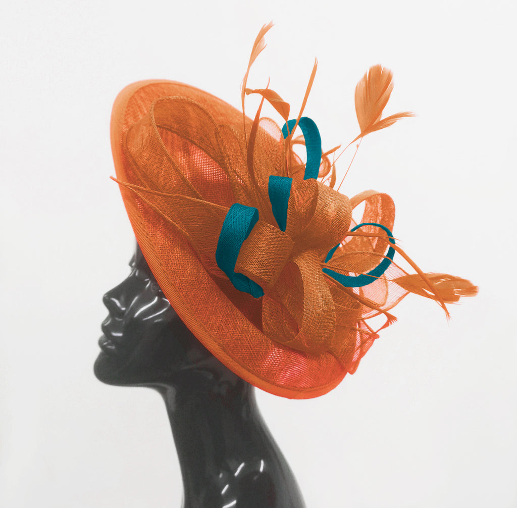 Caprilite Big Saucer Sinamay Orange & Teal Mixed Colour Fascinator On Headband