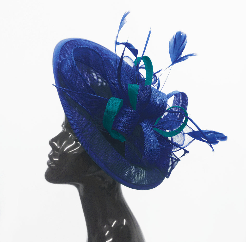 Caprilite Big Saucer Sinamay Royal Blue & Teal Mixed Colour Fascinator On Headband