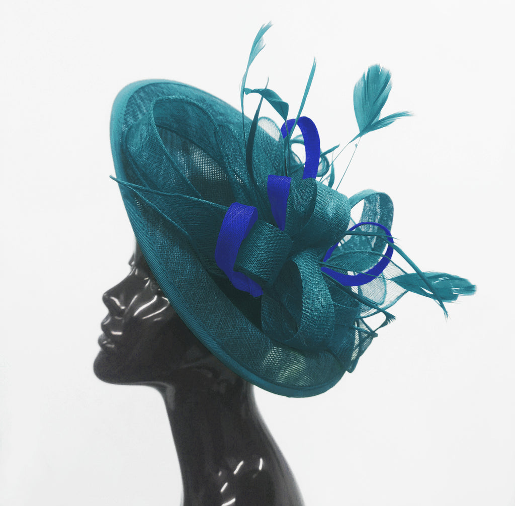 Caprilite Big Saucer Sinamay Teal Turquoise & Royal Blue Mixed Colour Fascinator On Headband