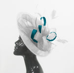 Caprilite Big Saucer Sinamay White & Teal Mixed Colour Fascinator On Headband