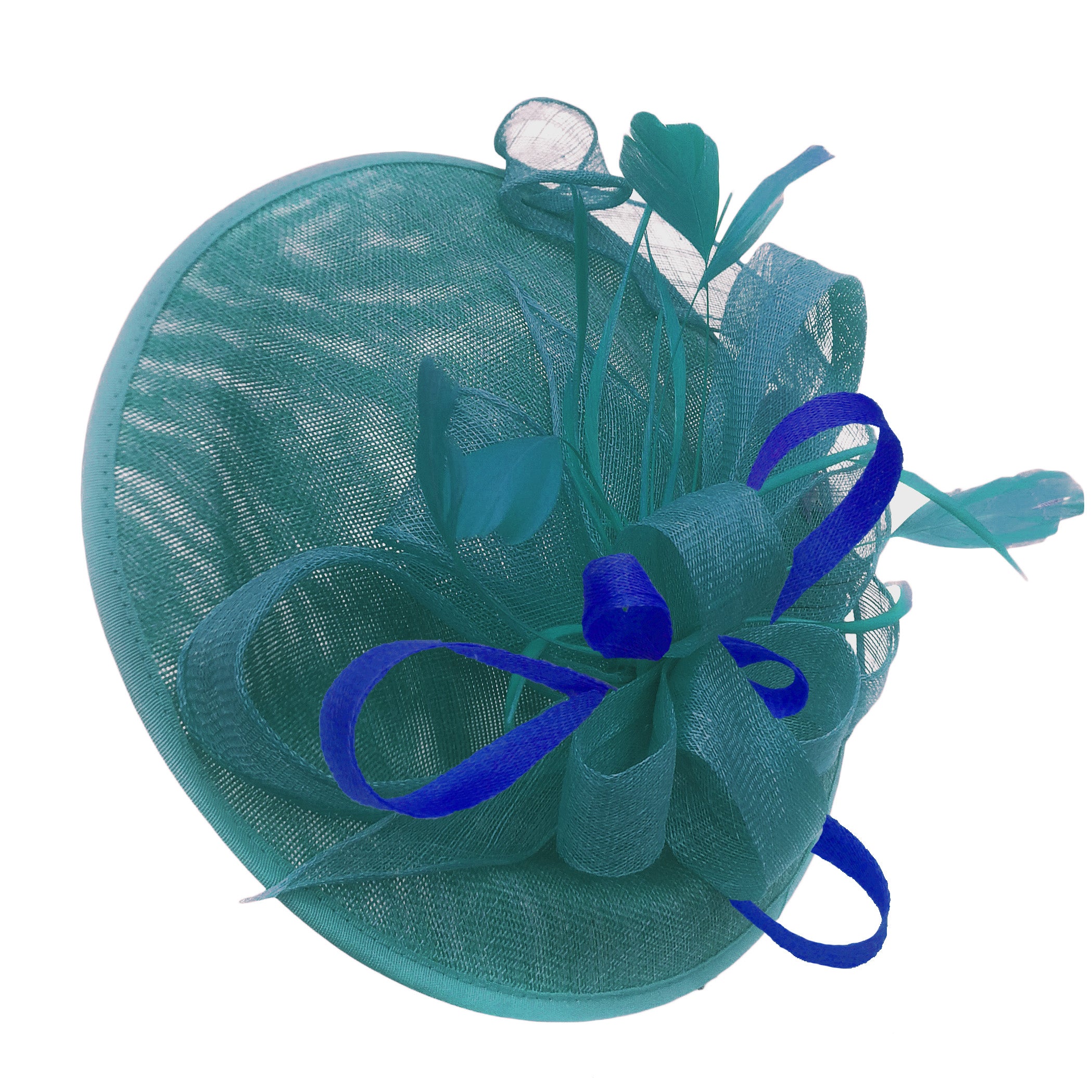 Caprilite Big Saucer Sinamay Teal Turquoise & Royal Blue Mixed Colour Fascinator On Headband