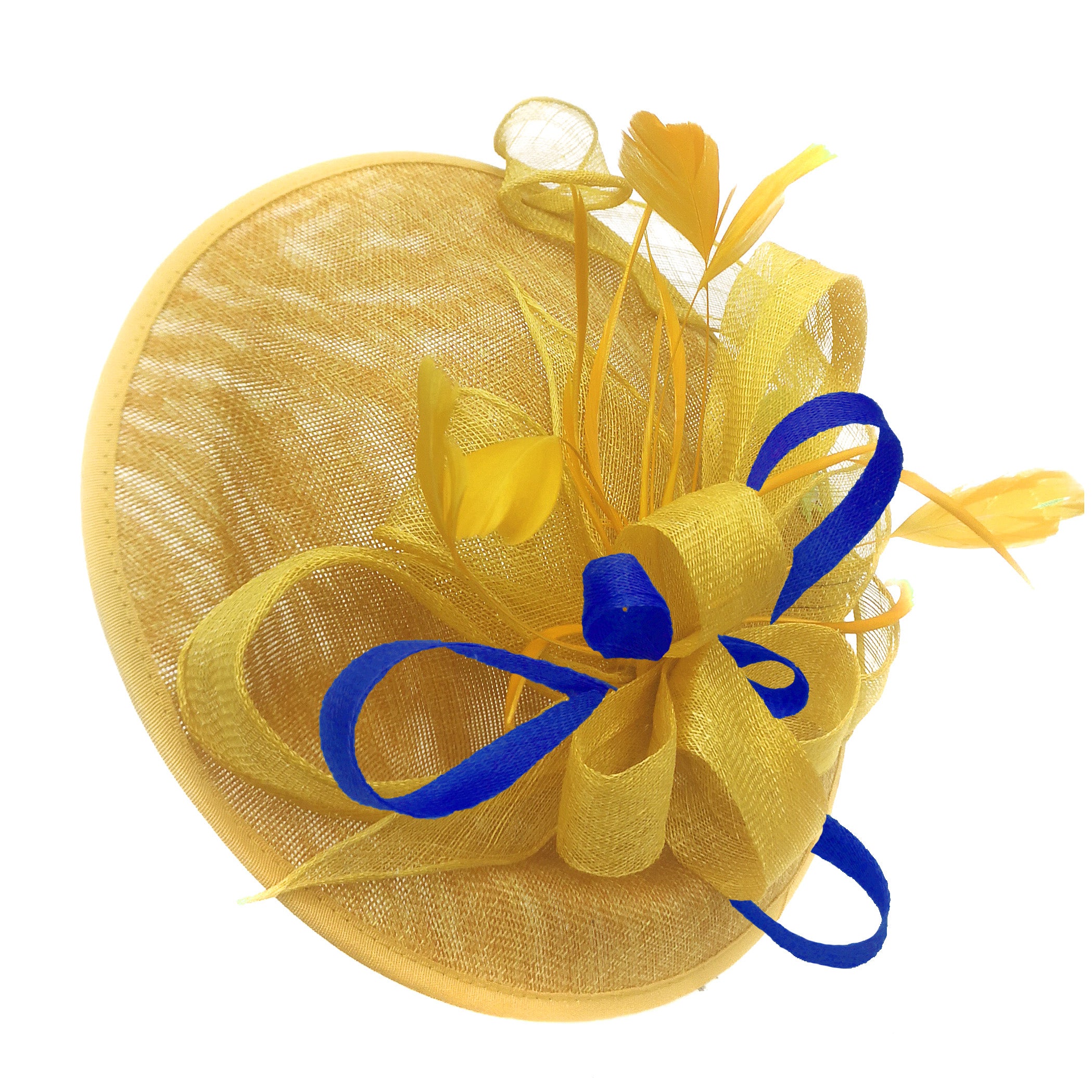 Caprilite Big Saucer Sinamay Yellow & Royal Blue Mixed Colour Fascinator On Headband