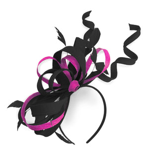 Caprilite Black and Fuchsia Hot Pink Wedding Swirl Fascinator Headband Alice Band Ascot Races Loop Net