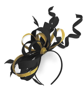 Caprilite Black and Gold Wedding Swirl Fascinator Headband Alice Band Ascot Races Loop Net