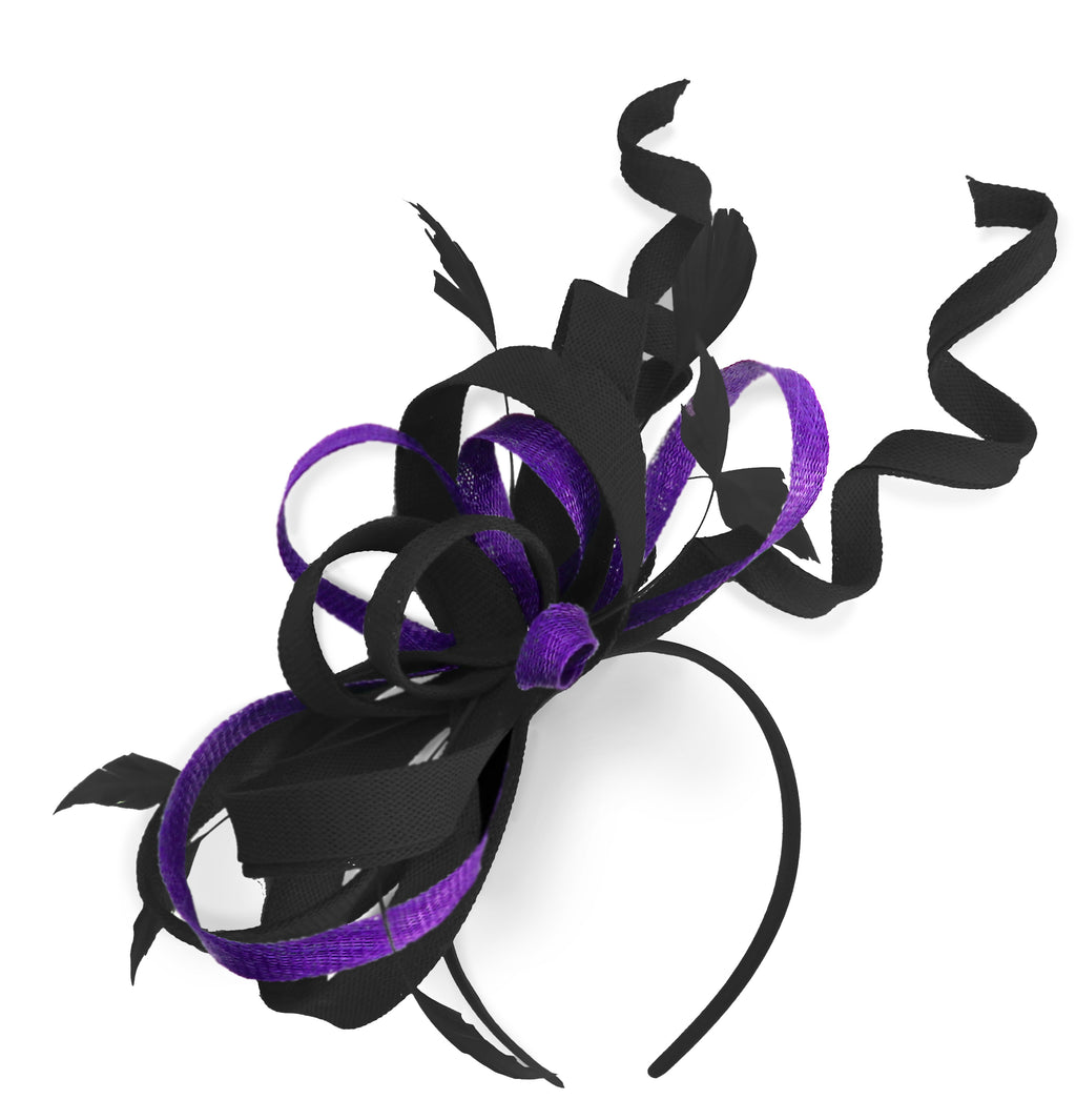 Caprilite Black and Purple Wedding Swirl Fascinator Headband Alice Band Ascot Races Loop Net