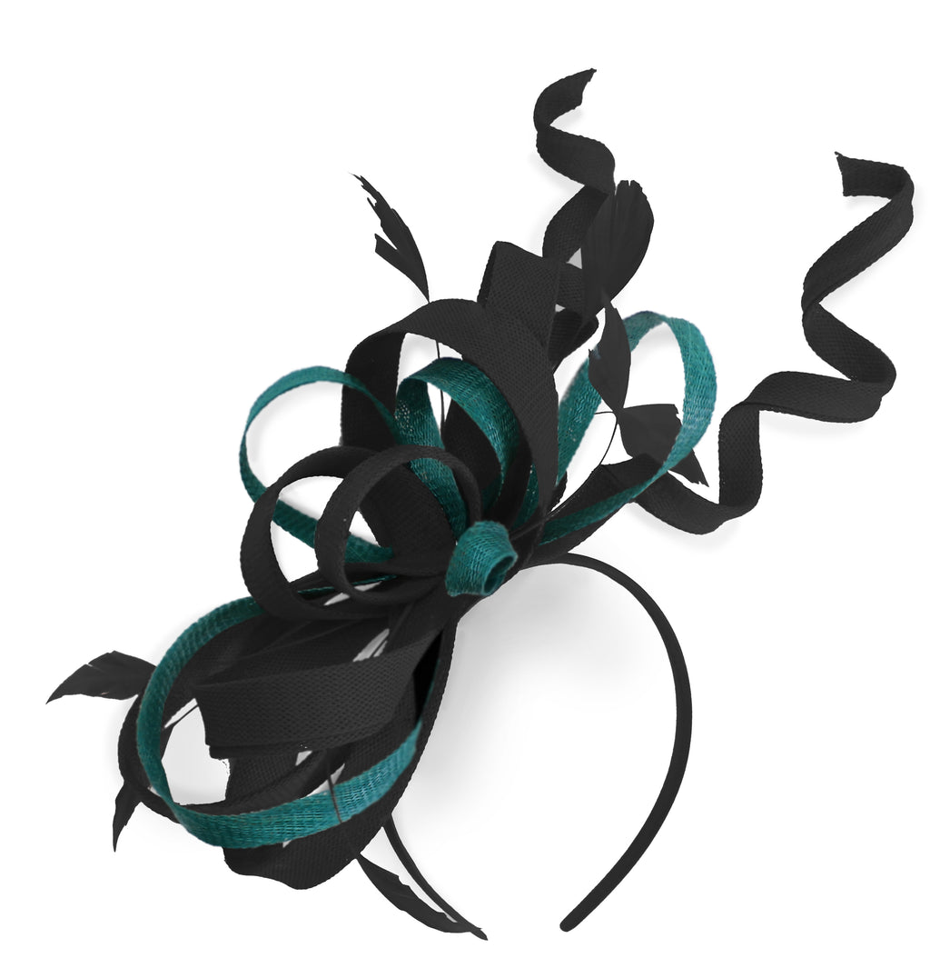 Caprilite Black and Teal Wedding Swirl Fascinator Headband Alice Band Ascot Races Loop Net