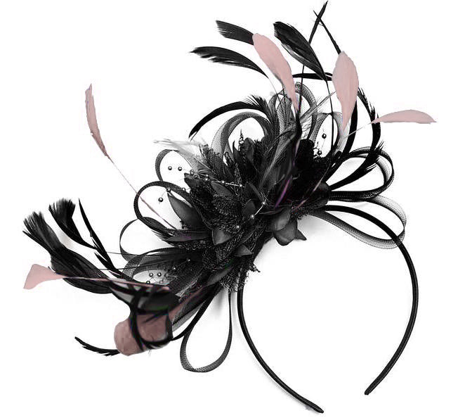Caprilite Hoopmix Fascinator on Headband - Black with Blush Pink Coque Feathers